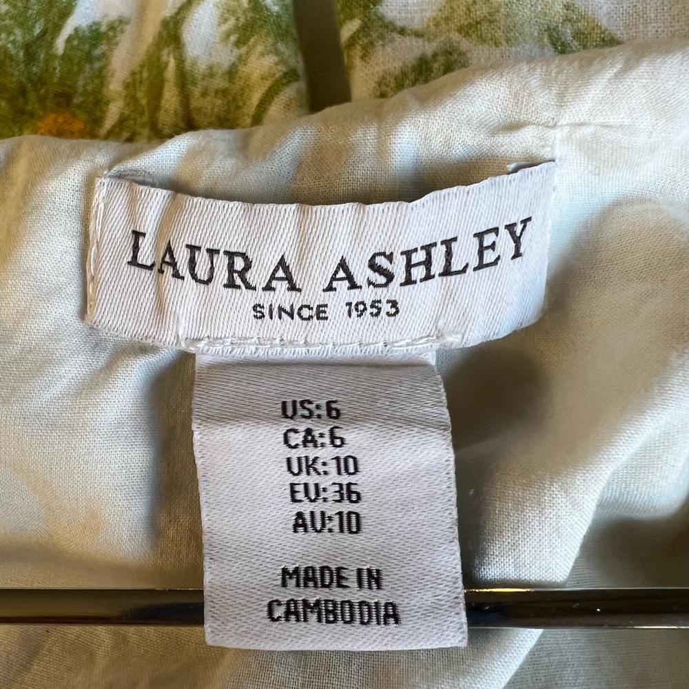VTG LAURA ASHLEY Linen Floral Yellow Roses Midi Dress Cottage Garden Lace Trim 6 - Picture 5 of 16